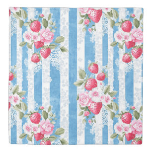 Vintage Strawberries & Blooms on Blue Stripes Duvet Cover