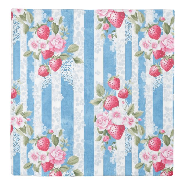 Vintage Strawberries & Blooms on Blue Stripes Duvet Cover (Front)