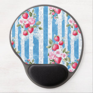 Vintage Strawberries & Blooms on Blue Stripes Gel Mouse Pad