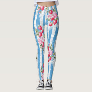 Vintage Strawberries & Blooms on Blue Stripes Leggings