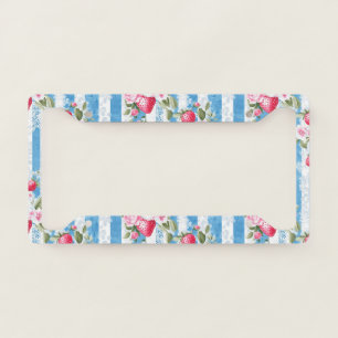 Vintage Strawberries & Blooms on Blue Stripes License Plate Frame
