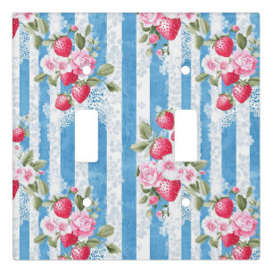 Vintage Strawberries & Blooms on Blue Stripes Light Switch Cover