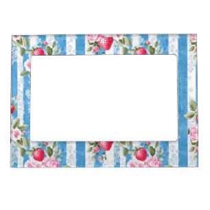 Vintage Strawberries & Blooms on Blue Stripes Magnetic Frame
