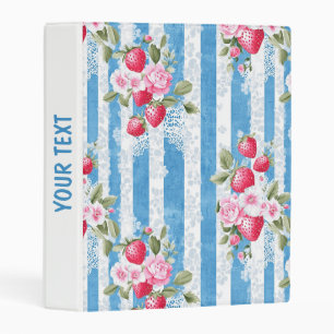 Vintage Strawberries & Blooms on Blue Stripes Mini Binder