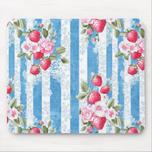 Vintage Strawberries & Blooms on Blue Stripes Mouse Pad
