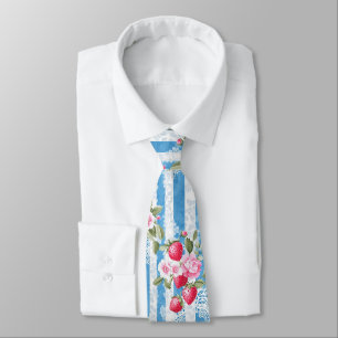 Vintage Strawberries & Blooms on Blue Stripes Neck Tie