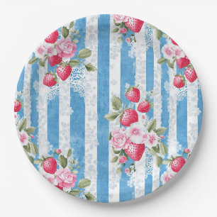 Vintage Strawberries & Blooms on Blue Stripes Paper Plates