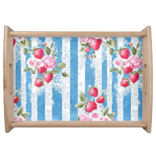 Vintage Strawberries & Blooms on Blue Stripes Serving Tray