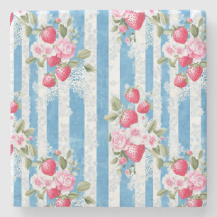 Vintage Strawberries & Blooms on Blue Stripes Stone Coaster