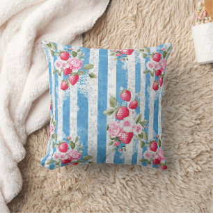 Vintage Strawberries & Blooms on Blue Stripes Throw Pillow