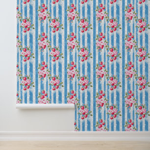 Vintage Strawberries & Blooms on Blue Stripes Wallpaper