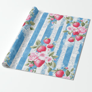 Vintage Strawberries & Blooms on Blue Stripes Wrapping Paper