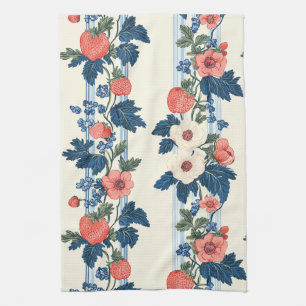 Vintage Strawberries & Blue Leaves Floral Pattern Kitchen Towel