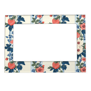 Vintage Strawberries & Blue Leaves Floral Pattern Magnetic Frame