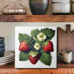 Vintage Strawberries  Ceramic Tile<br><div class="desc">Delicious looking strawberries with green leaves and white flowers. Attractive vintage graphics radiate all the joy and fun of summers  You can change the background color .( Customize/Edit/ background ) 
Design by Canva AI and Alma  Wad ,  the human  designer .</div>