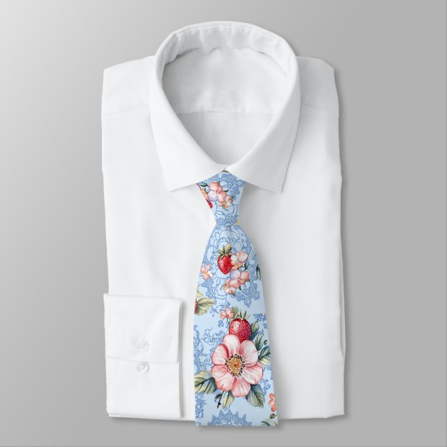 Vintage Strawberries & Flowers Pattern Neck Tie (Tied)