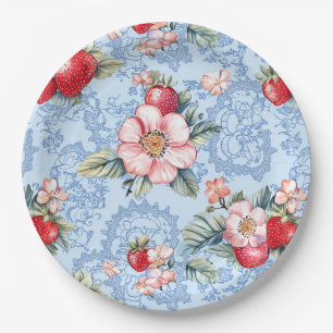 Vintage Strawberries & Flowers Pattern Paper Plates
