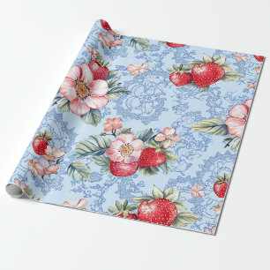 Vintage Strawberries & Flowers Pattern Wrapping Paper