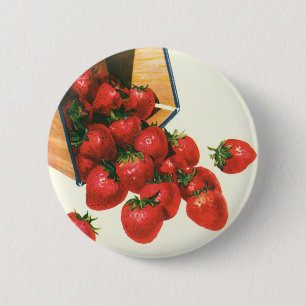 Vintage Strawberries in Basket, Food Fruit Berries Button