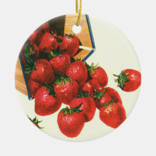 Vintage Strawberries in Basket, Food Fruit Berries Ceramic Ornament