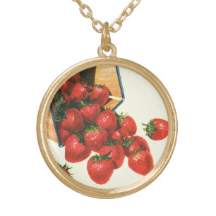 Vintage Strawberries in Basket, Food Fruit Berries Gold Plated Necklace