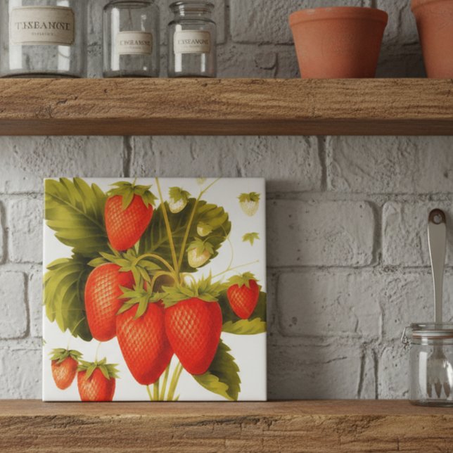 Vintage strawberries with green leaves ceramic tile (Creator Uploaded)