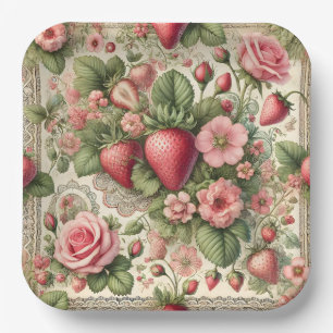 Vintage Strawberry 1st Birthday Party Paper Plates
