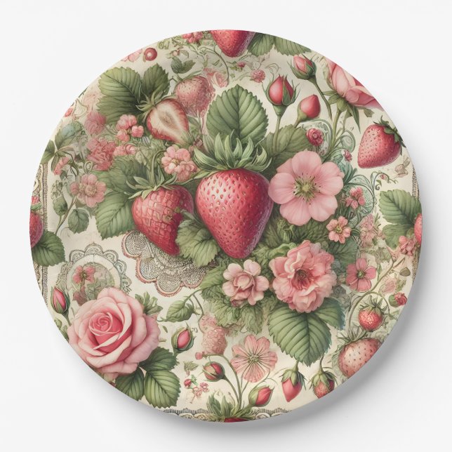 Vintage Strawberry 1st Birthday Party Paper Plates (Front)