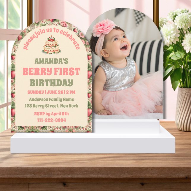 Vintage Strawberry 1st Birthday Party Photo Arch Invitation (Creator Uploaded)