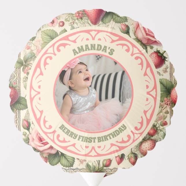 Vintage Strawberry 1st Birthday Party Photo  Balloon (Front)