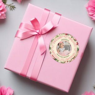 Vintage Strawberry 1st Birthday Party Photo Classic Round Sticker