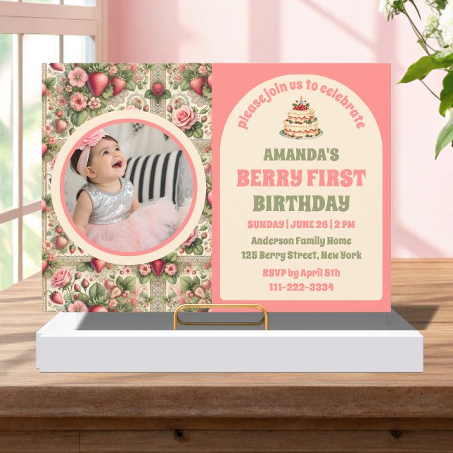 Vintage Strawberry 1st Birthday Party Photo Invitation (Creator Uploaded)