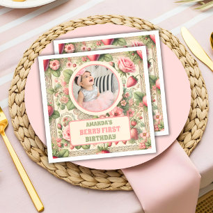 Vintage Strawberry 1st Birthday Party Photo Napkins