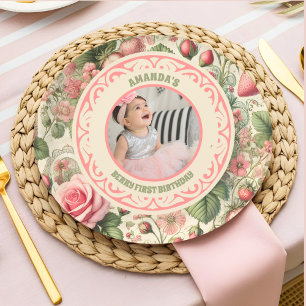 Vintage Strawberry 1st Birthday Party Photo Paper Plates
