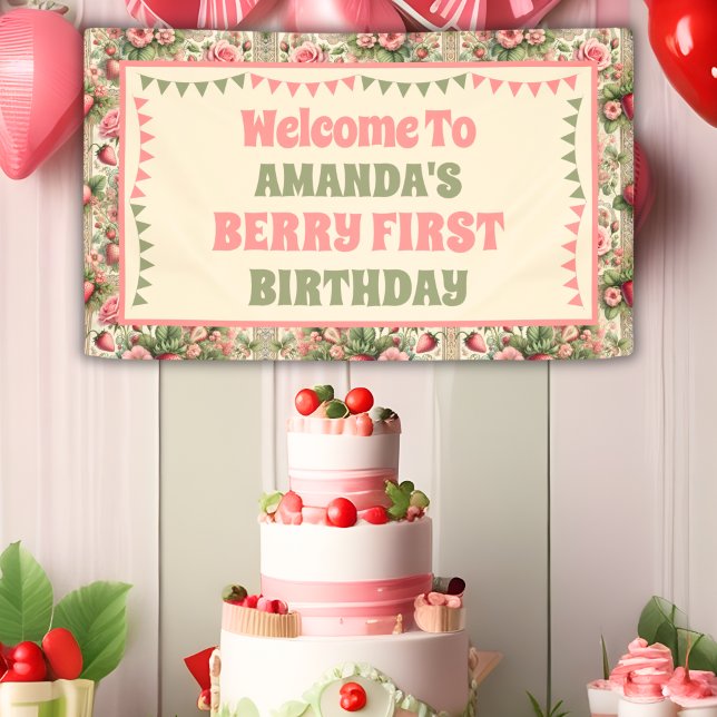 Vintage Strawberry 1st Birthday Party Welcome Banner (Creator Uploaded)