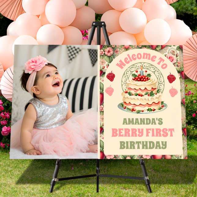 Vintage Strawberry 1st Birthday Photo Welcome Foam Board (Creator Uploaded)