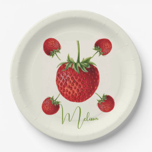 Vintage Strawberry Art Name Personalized Paper Plates
