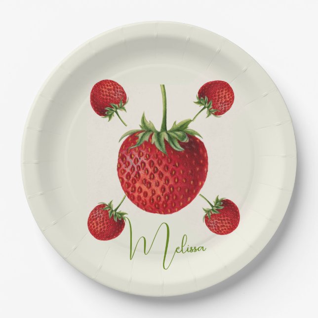 Vintage Strawberry Art Name Personalized Paper Plates (Front)