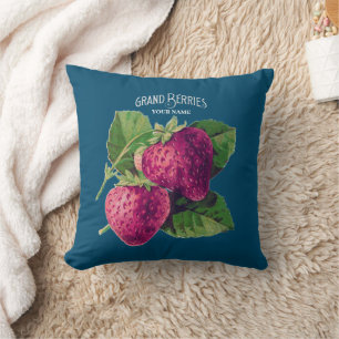 Vintage Strawberry Berry Add Your Name Blue Green Throw Pillow