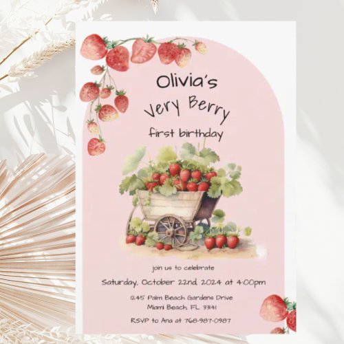 Vintage Strawberry Berry First 1st Birthday Party Invitation