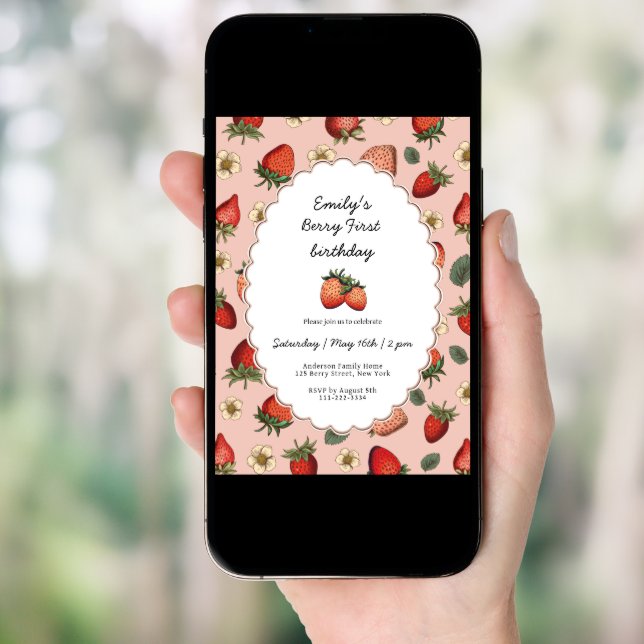 Vintage Strawberry Berry First Birthday Invitation (Front Digital)