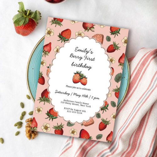 Vintage Strawberry Berry First Birthday Invitation