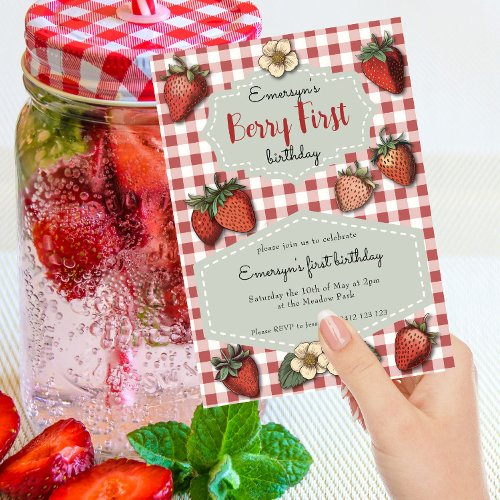Vintage Strawberry Berry First Gingham Birthday  Invitation
