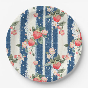 Vintage Strawberry Blue Cream Cottagecore Paper Plates