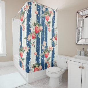 Vintage Strawberry Blue Cream Cottagecore Shower Curtain