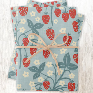Vintage Strawberry Cottagecore Floral Botanical Wrapping Paper Sheets