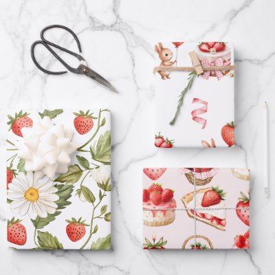 Vintage Strawberry Daisy Botanical Pattern  Wrapping Paper Sheets
