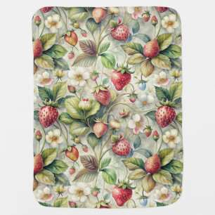 Vintage Strawberry Garden Botanical Watercolor Baby Blanket