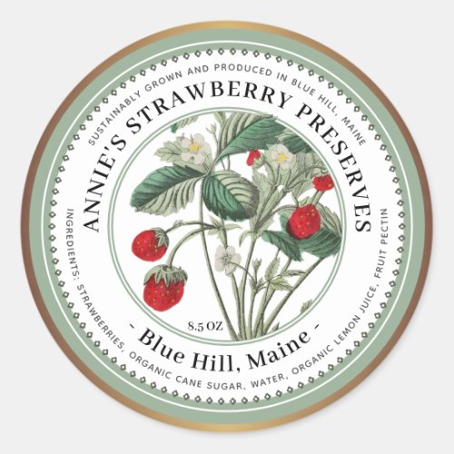 Vintage Strawberry Illustration Gold Border Jelly  Classic Round Sticker