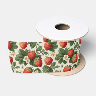 Vintage Strawberry Pattern with Blossoms Satin Ribbon